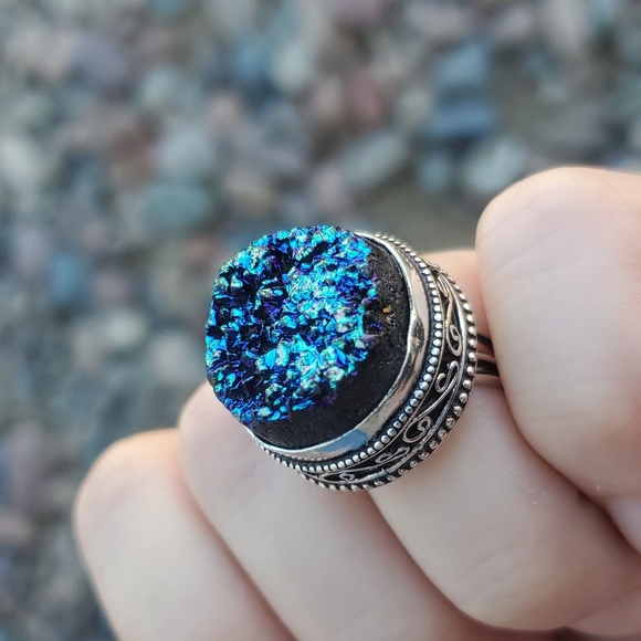 New Blue Titanium Druzy 925 Silver Ring. - Picture 5 of 15